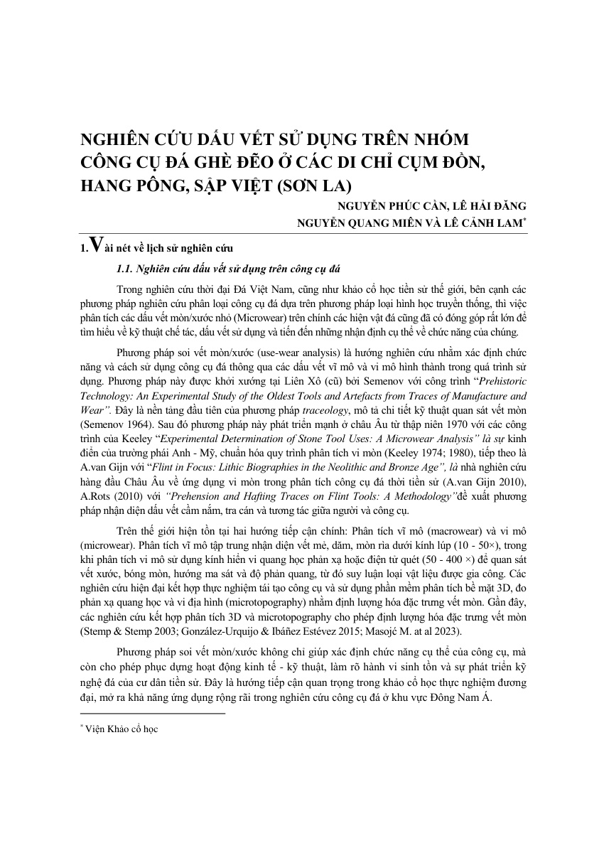 Nghiên cứu dấu vết sử dụng trên nhóm công cụ đá  ghè đẽo ở các di chỉ Cụm Đồn, Hang Pông, Sập Việt  (Sơn La)