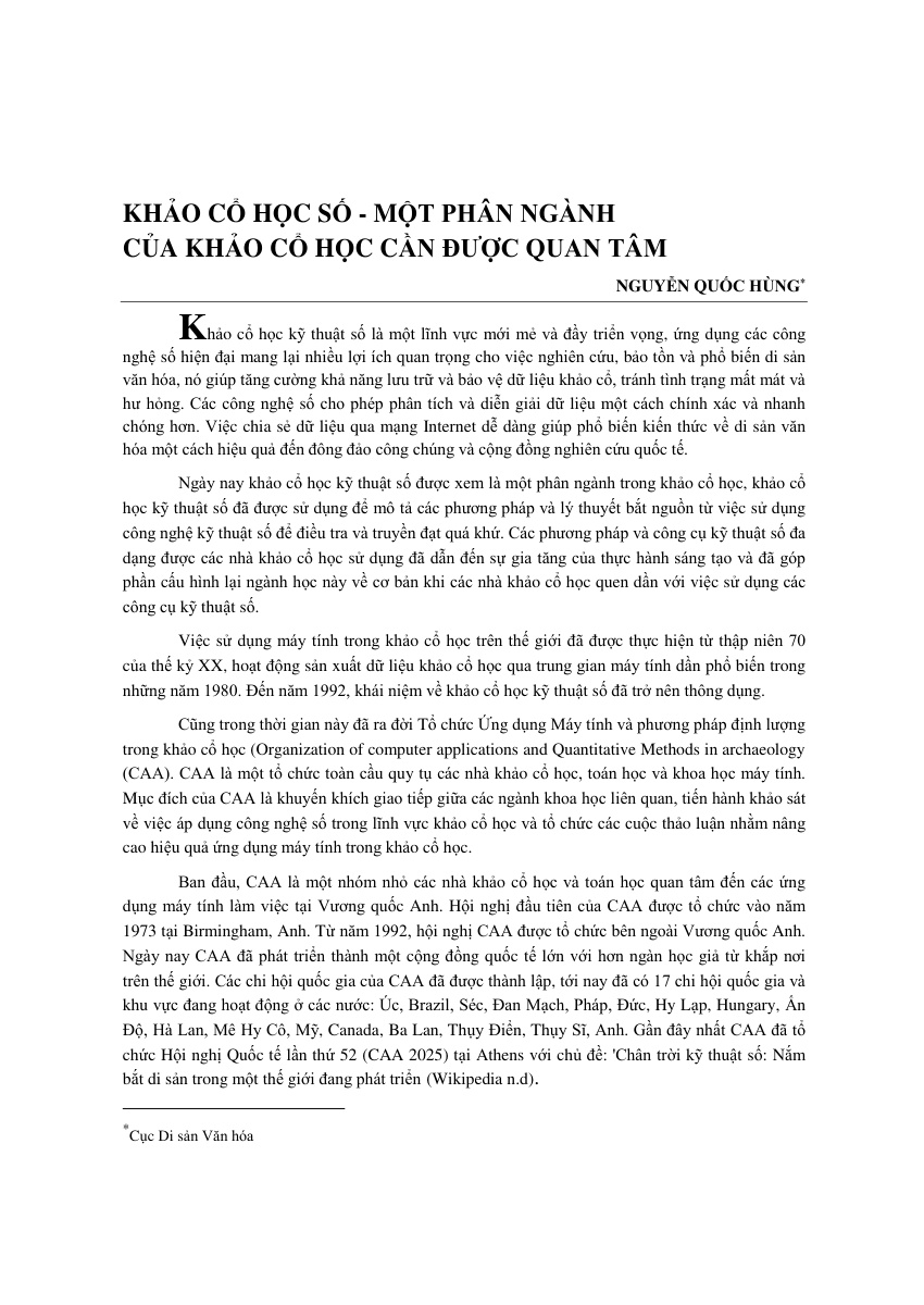 Khảo cổ học số - một phân ngành của khảo cổ học  cần được quan tâm