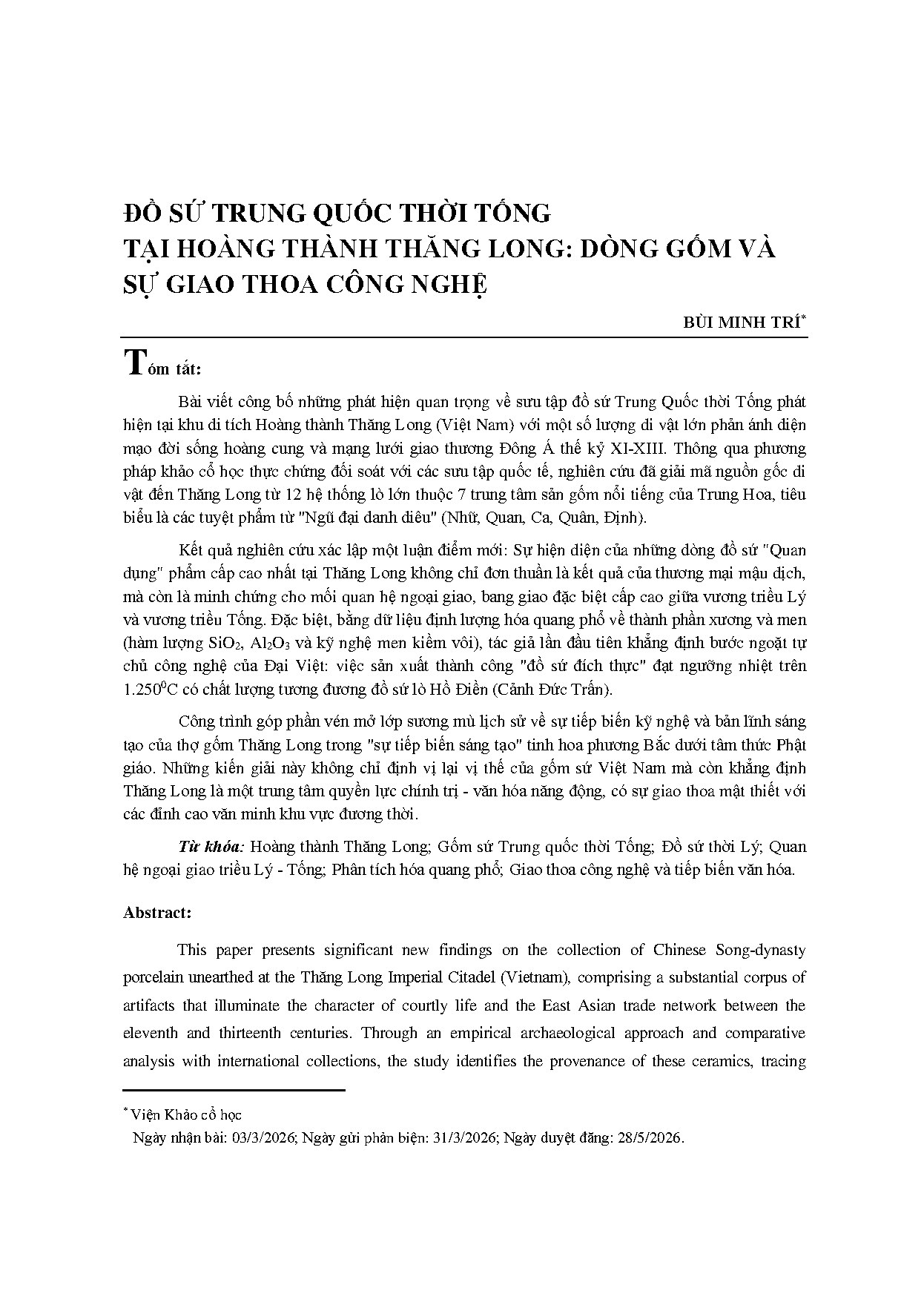 Đồ sứ Trung Quốc thời Tống tại Hoàng thành Thăng Long: Dòng gốm và sự giao thoa công nghệ